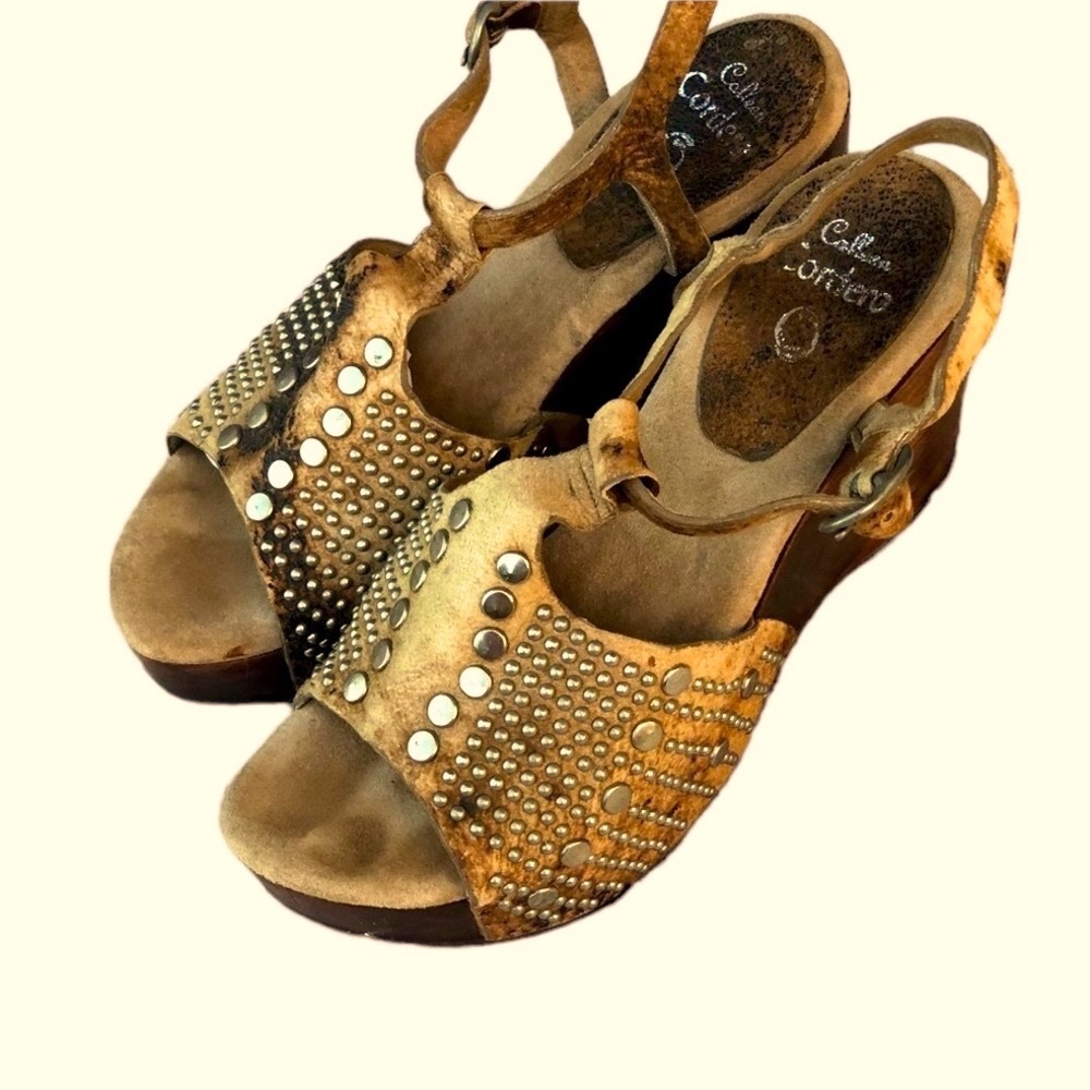 Calleen Cordero Brown and Tan Tie Dye Leather  Studded Platforms - Picture 3 of 14